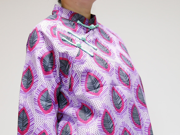 チャイナカラーワンピース シノワズリな衿元　ゆったりデザイン アフリカンプリント ピンク 12枚目の画像