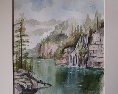 原画#3716　黒猫　那智の滝　和歌山　水彩画　風景画　アート　絵　猫　滝　絵画 スケッチ 絵 絵画 インテリア 一点物 風景 景色 滝 自然 水彩画