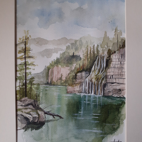 M. Martin 水彩画 「滝」サイン入り 税込】 海外 正規品】 水彩画 かたより 「滝」サイン入り Martin