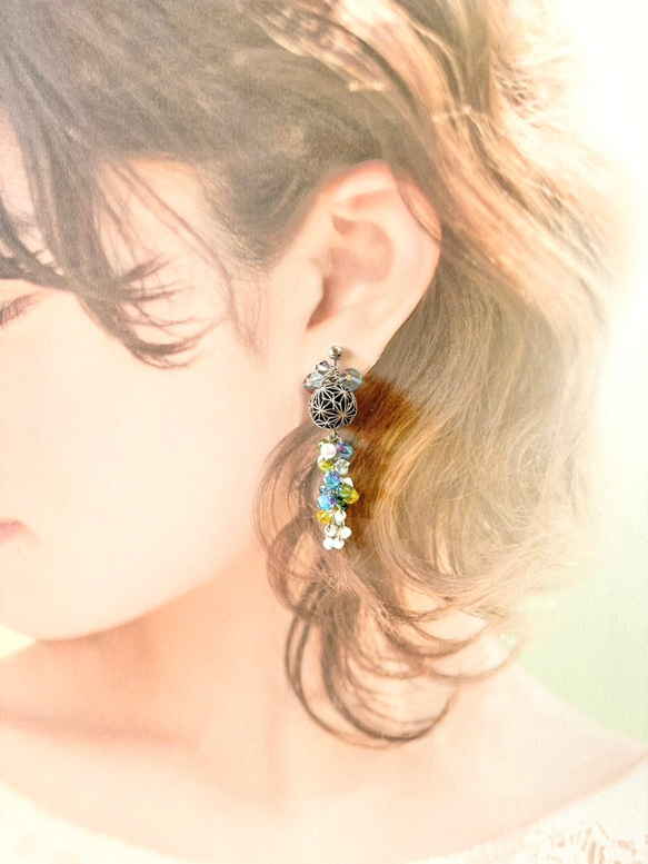 【⭐︎一点物⭐︎】【送料無料】麻の葉模様 × カラフルビーズのイヤリング 5枚目の画像