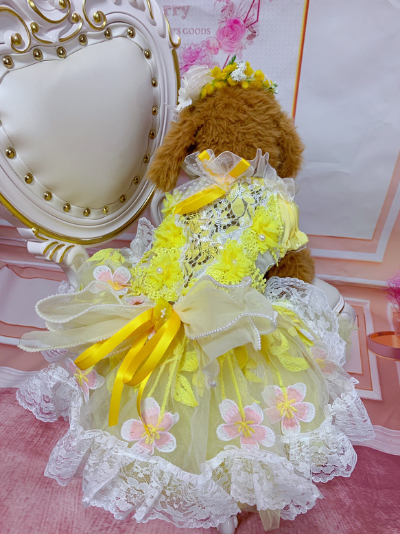 犬猫うさちゃん服　春の訪れレモンイエローの花咲くワンピース 2枚目の画像