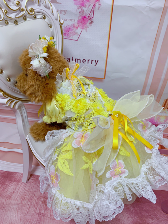 犬猫うさちゃん服　春の訪れレモンイエローの花咲くワンピース 4枚目の画像