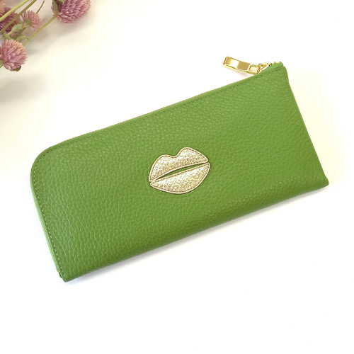 本革スリム長財布◇クチビルシャンパンゴールド(アップルグリーン
