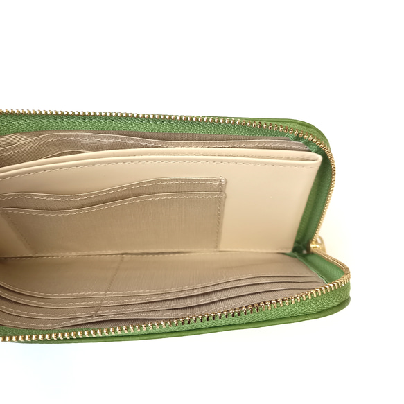 本革スリム長財布◆クチビルシャンパンゴールド(アップルグリーン)◆軽い 薄い L字ファスナー◇皮 レザー 7枚目の画像