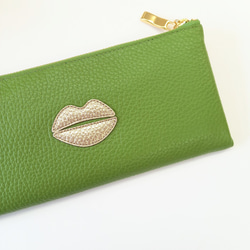 本革スリム長財布◆クチビルシャンパンゴールド(アップルグリーン)◆軽い 薄い L字ファスナー◇皮 レザー 3枚目の画像