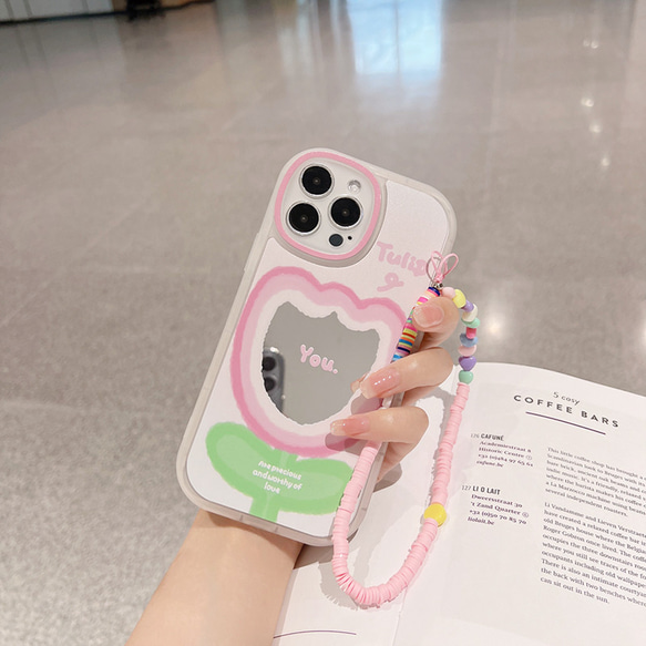 iPhoneケース　ショルダーストラップ付き　ミラー付き　チューリップ　おしゃれ　大人可愛い 4枚目の画像