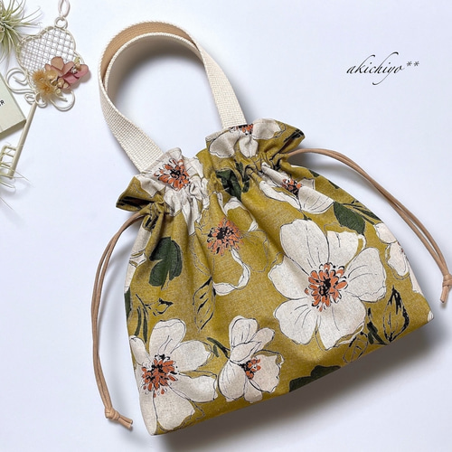 巾着トートバッグ** 北欧 noble flower（マスタードイエロー