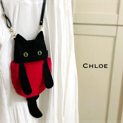 SIOCO・11号帆布〈ブラック〉国産エコファー〈赤系〉緑目•猫ポシェット《Chloeクロエ》斜めがけ　スマホショルダー 1枚目の画像