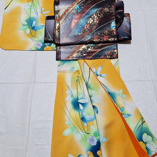 小サイズ】ワンタッチ着物 くらわん着物 正絹小紋リメイク 水色朱色蝶