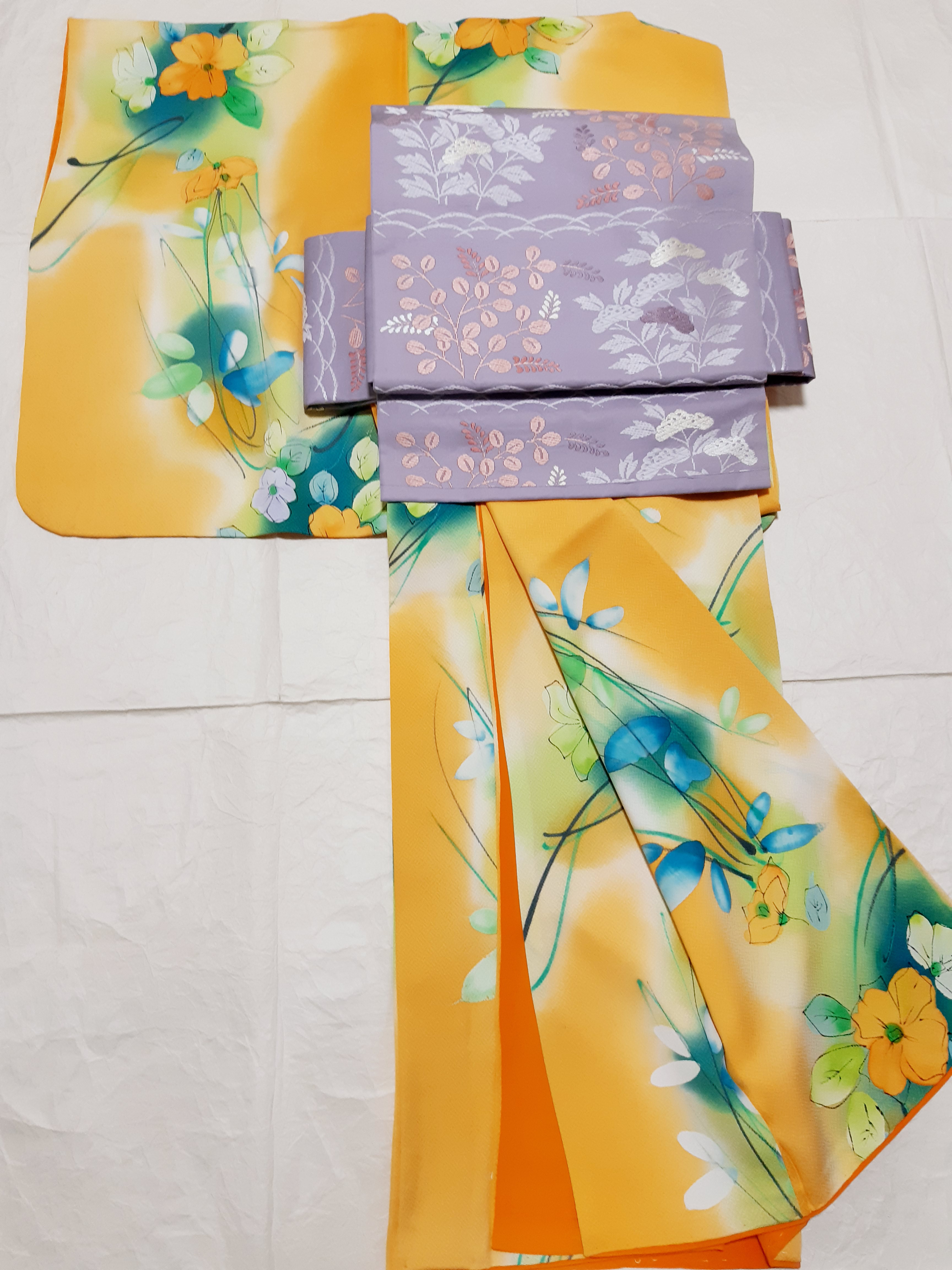 【小サイズ】ワンタッチ着物　くらわん着物　正絹小紋リメイク　水色朱色蝶檜垣文様文様　(帯は別売)