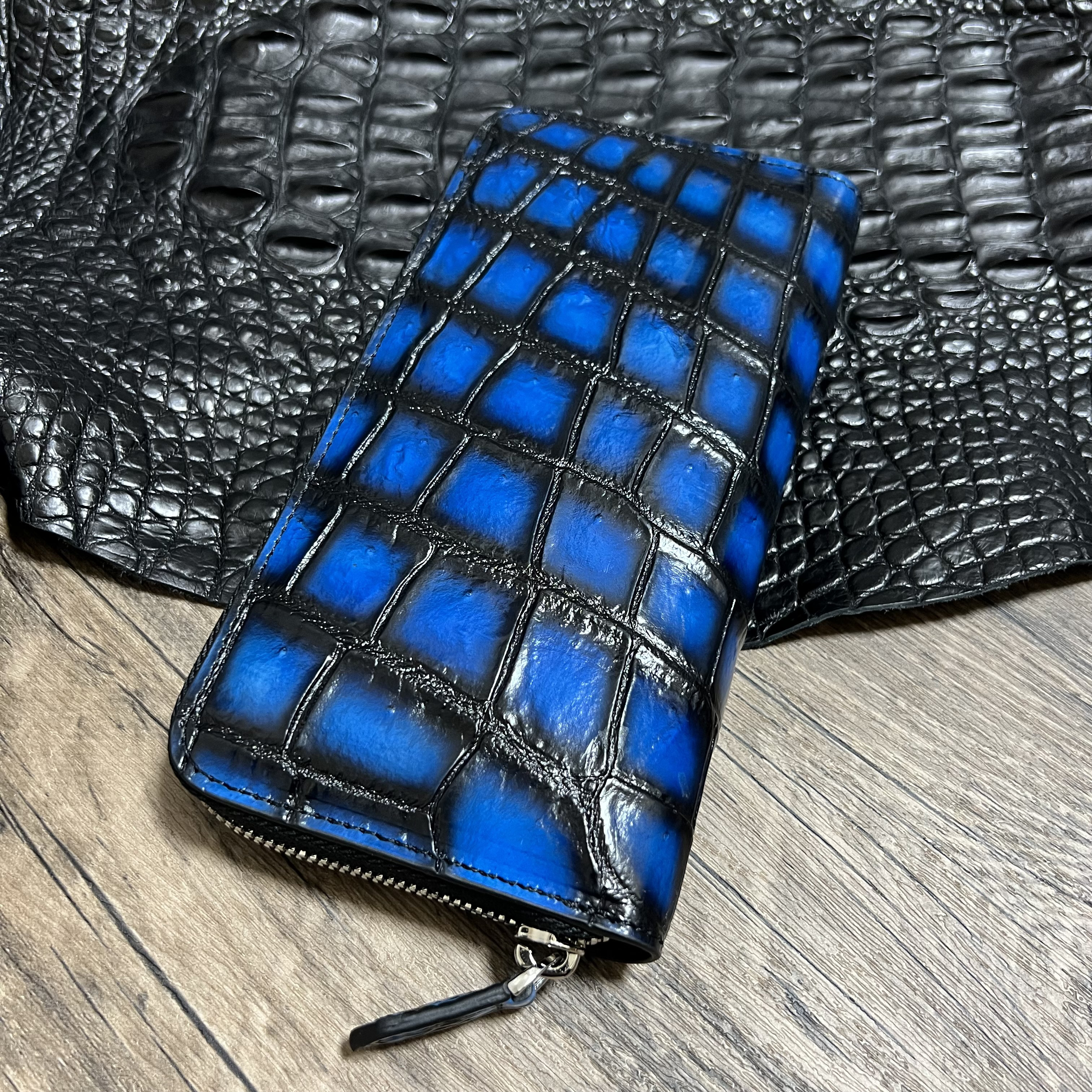 一点限定【実物撮影】新品未使用　藍色　クロコダイル メンズ ラウンドファスナー ワニ 鰐 本革　手染め手作り長財布　人気