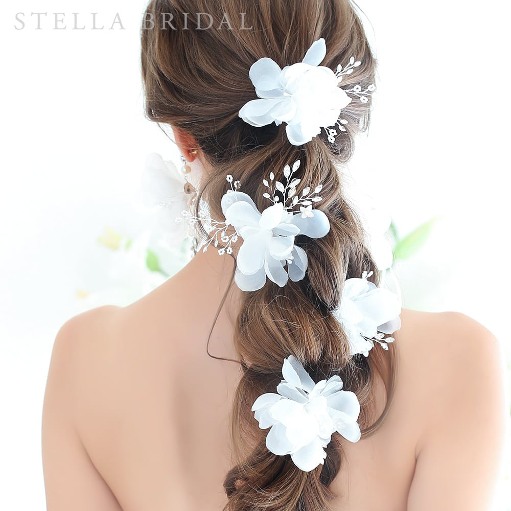 TVドラマ使用＊シフォンフラワーと小枝のブライダルヘッドピース フロレンティーナ 4Pセット｜ブライダル ヘッドドレス