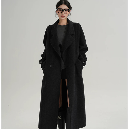 新品未使用 ウール100% コート フード付き ブラック オーバーサイズ 程良いオーバーサイズシルエット ウールダブルボタンコートQ567 コート
