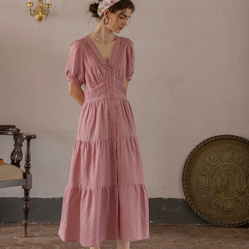美品✨フィータ Pheeta コットンリネン VERA ロングワンピース ピンク リネン100% フェミニン美シルエット Vネックのディアートロング