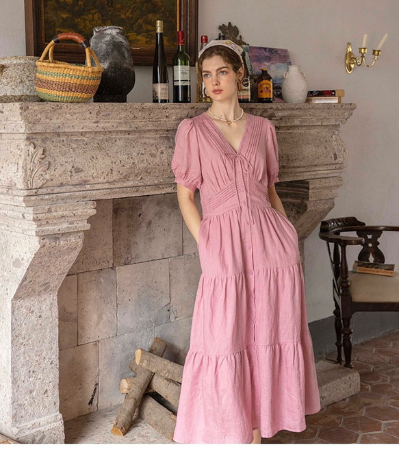 ダイアグラムDiagramファー付きピンクVネックワンピース リネン100% フェミニン美シルエット Vネックのディアートロング