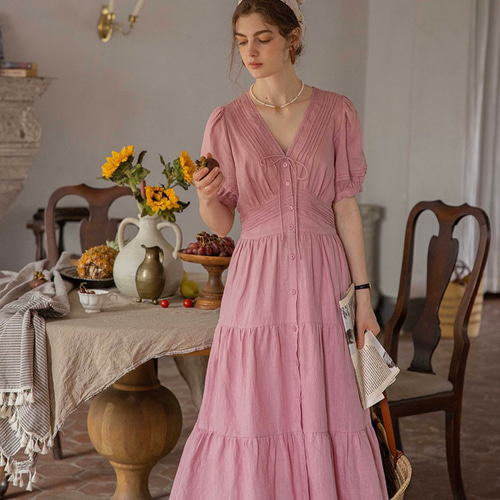 リネン100% フェミニン美シルエット Vネックのディアートロング