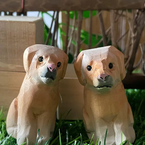 木　木製　木彫　木彫り　犬　置物 2点セット 木彫りの犬 バスウッド 置物 動物 ギフト プレゼント