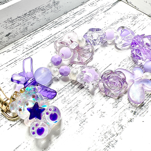 推し活 キーホルダー 紫 パープル ハンドメイド ビーズ キーホルダー