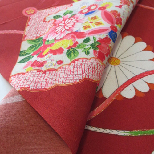 臙脂色 京友禅 扇に花模様 正絹紋意匠 錦紗ちりめん 丹後 臙脂色 京友禅 扇に花模様 正絹紋意匠 錦紗ちりめん 丹後
