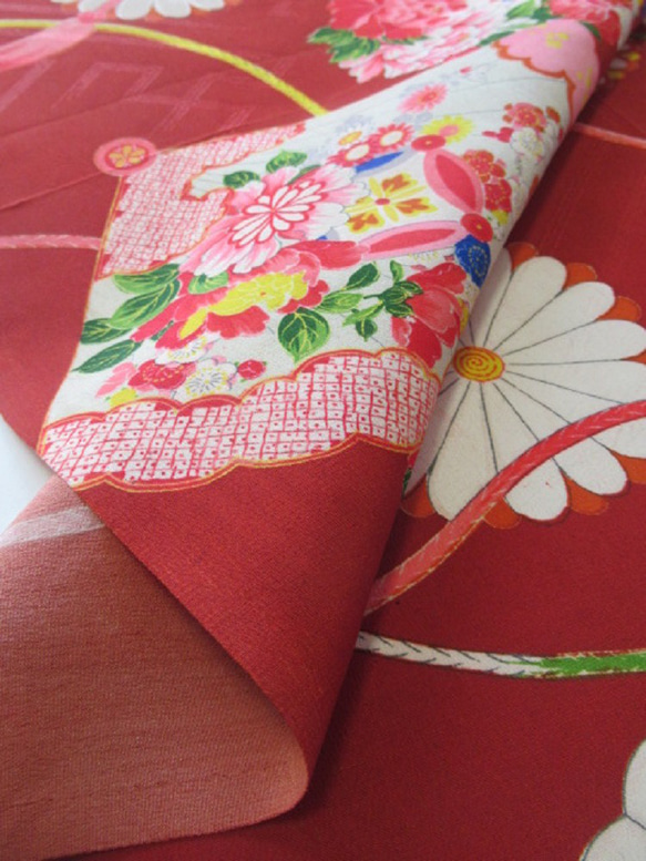 Topnotchshoppingonline - 臙脂色 京友禅 扇に花模様 正絹紋意匠 錦紗 