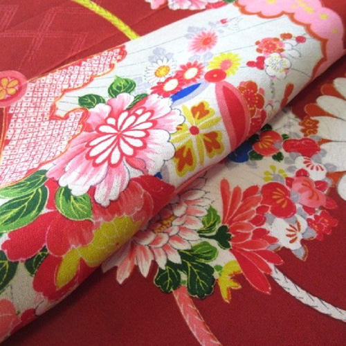 臙脂色 京友禅 扇に花模様 正絹紋意匠 錦紗ちりめん 丹後