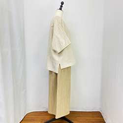 【遠州織物】ストレスフリーワイドパンツ（短丈）逆スラブストライプ　薄手　ベージュ系　オーガニックコットン 6枚目の画像