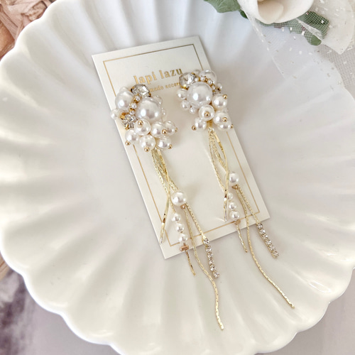 パールビジュー トリプル華奢チェーン《ピアス/イヤリング