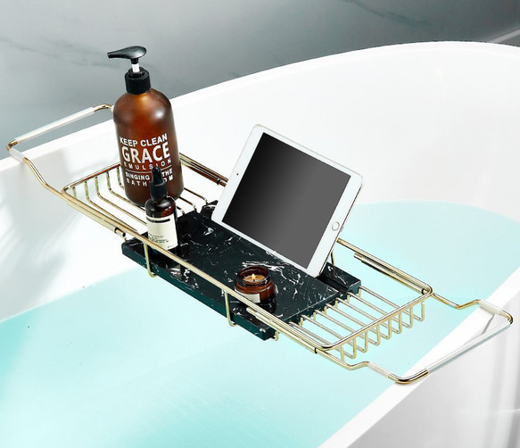 浴槽テーブル 伸縮多機能バスタブラック ステンレス製スマートフォン収納ラック ch-237 14枚目の画像