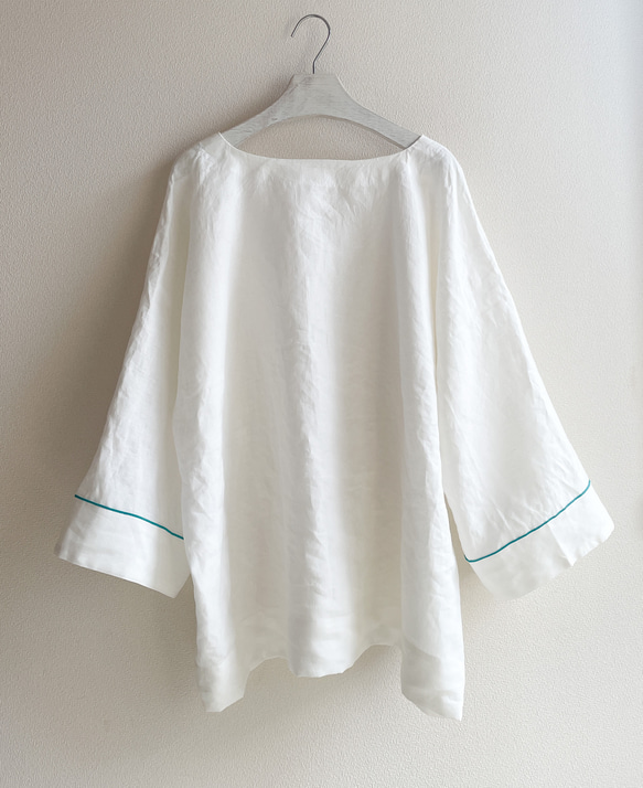 送料無料 " Enough " 高密度のイタリア製リネン使用 リラックス感のある上品チュニックTシャツ オフホワイト 5枚目の画像