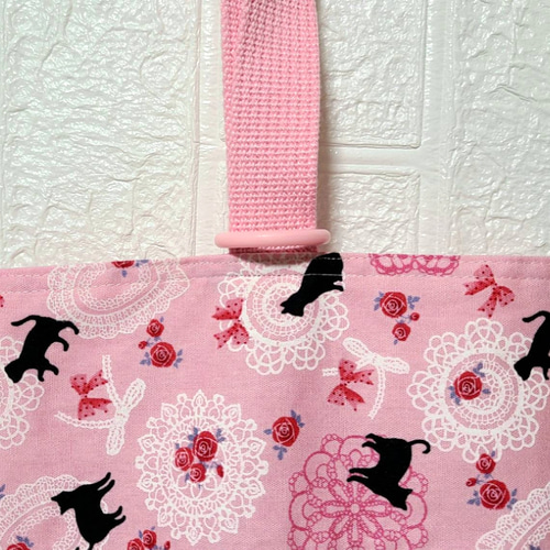 ハンドメイド オーダー 移動ポケット 保冷バッグ 巾着 ピンク ねこ