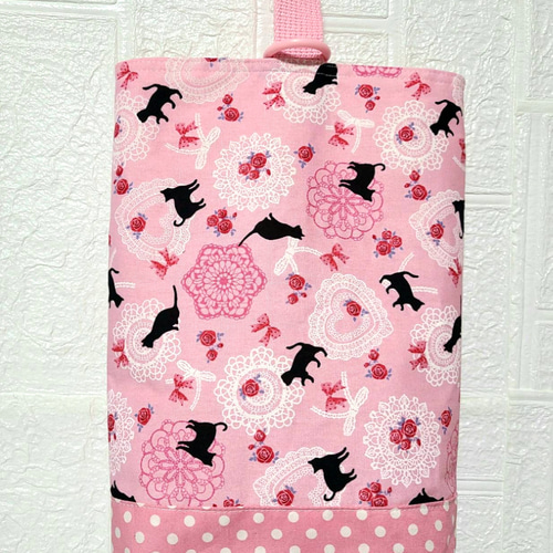 ハンドメイド オーダー 移動ポケット 保冷バッグ 巾着 ピンク ねこ