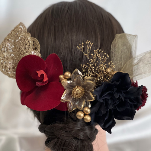 胡蝶蘭髪飾り ダリア アーティフィシャルフラワー ドライフラワー 成人