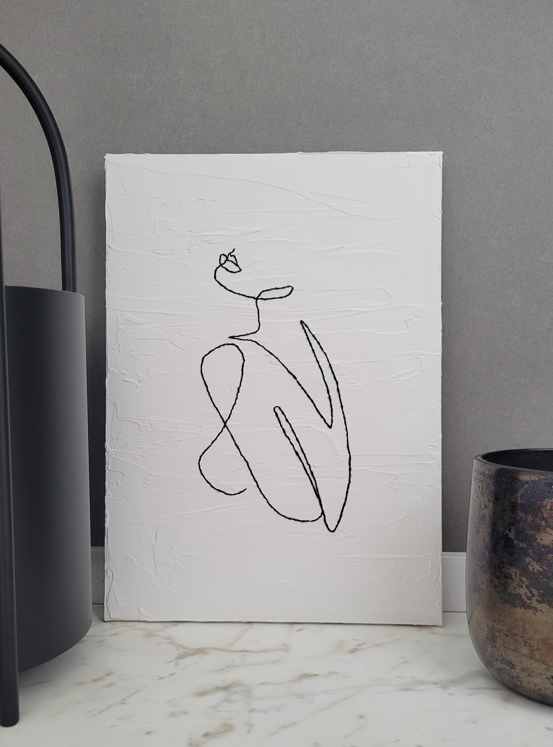 F4(24.3㎝×33,5㎝) テクスチャーアート×刺繍◇シンプルモダン モノトーン 線画  立体 テクスチャーアート