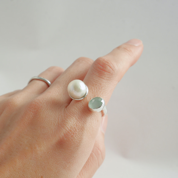 pearl＆chalcedony ring  /  淡水パールとシーブルーカルセドニーAAAのリング　silver925 5枚目の画像