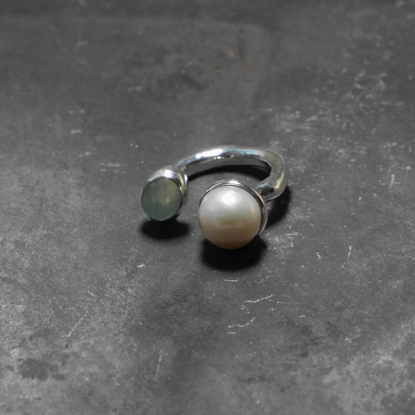 pearl＆chalcedony ring  /  淡水パールとシーブルーカルセドニーAAAのリング　silver925 8枚目の画像