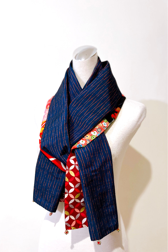 スカーフNo.214 *織心*設計師純手作紅色拼接花朵粉紅色水鑽百納圍巾披肩 第12張的照片