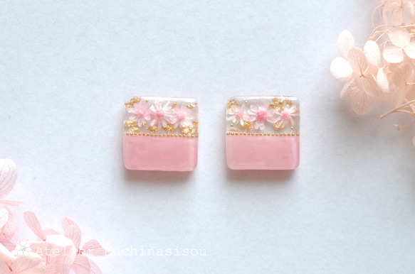 【Creema Limited】樹脂藝術雙色花朵耳環/耳環及吊墜&lt;桃粉色&gt; 第5張的照片