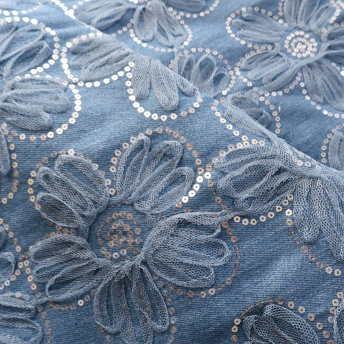 デニム生地 刺繍生地 レース刺繍 キラキラ お花柄 生地 Grace's