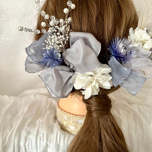 送料無料》♡リボンとパール飾りの髪飾り♡ブルーグレー×シルバー 卒業 