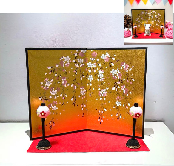 お雛様 小物セット ミニ 桜金屏風、ちりめん花ぼんぼり 赤毛氈 日本製 