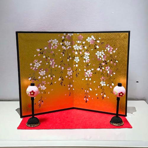 お雛様 小物セット ミニ 桜金屏風、ちりめん花ぼんぼり 赤毛氈 日本製 