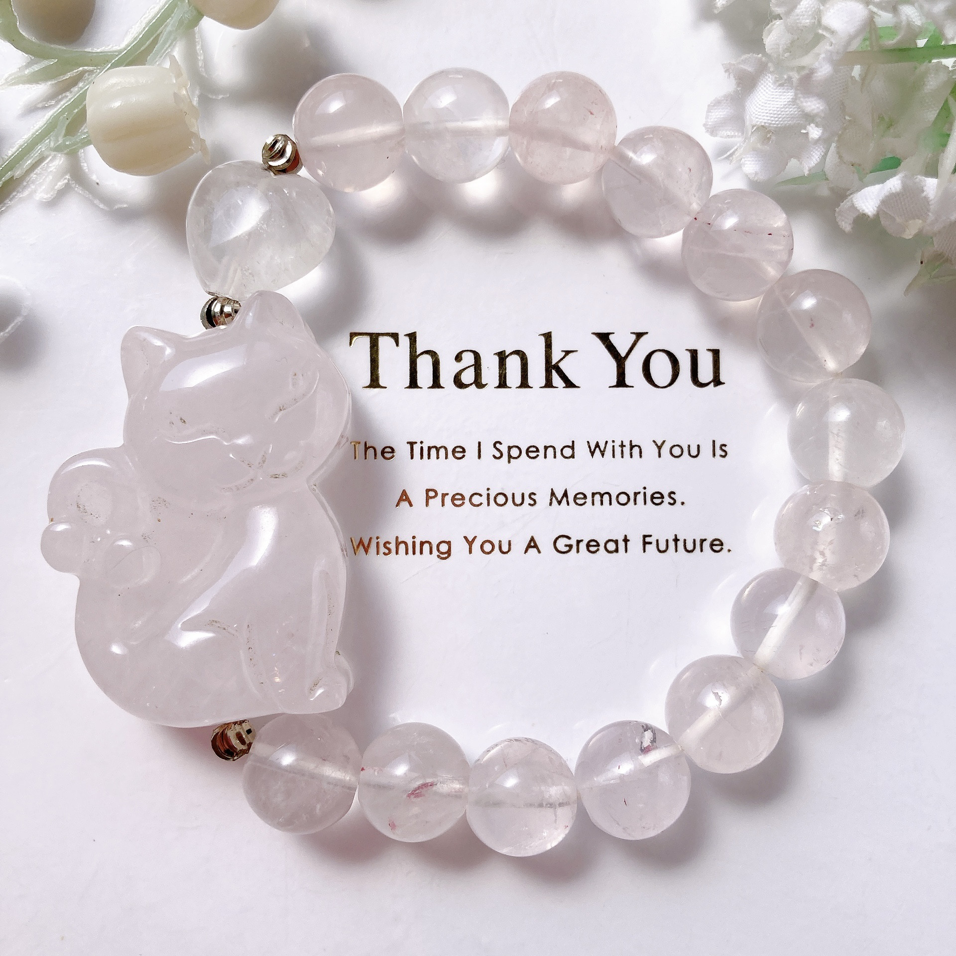 ˚✧₊⁎一点のみ˚✧₊⁎ローズクォーツ猫ちゃんハート天然石ブレスレット