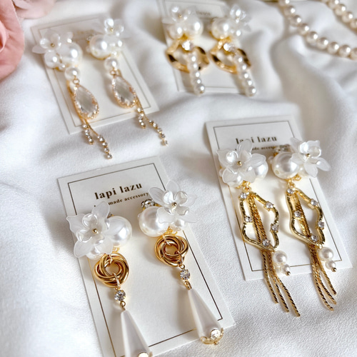 No.337 パールチェーン ビジュー 本物のお花のピアス イヤリング