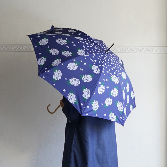 【早割価格 短納期】母の日 お得な傘 靴下2足セット 竹ハンドル 晴雨兼用傘 あじさい セット ネイビー 雨傘 ツバメ 13枚目の画像