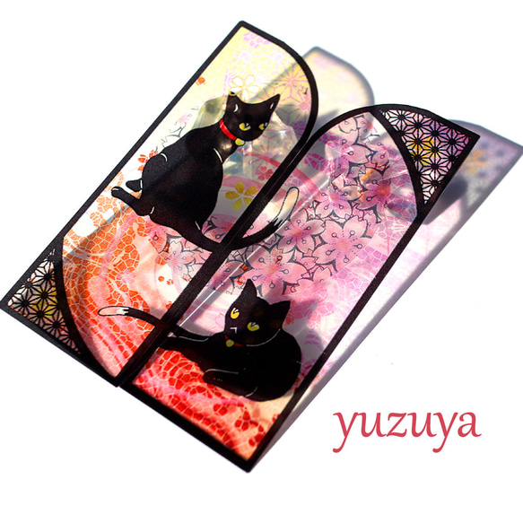 2024桜咲く期間限定 ステンドグラス風しおり◎黒猫と桜２枚組 6枚目の画像