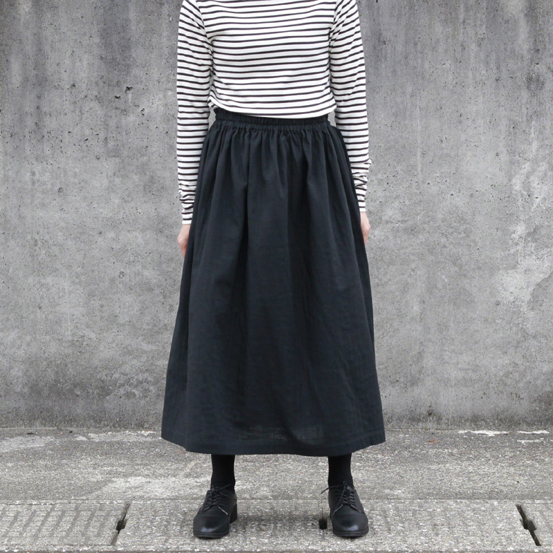 ふんわり柔らか オーガニックコットン・ダブルガーゼのギャザースカート（ブラック・黒）ポケット