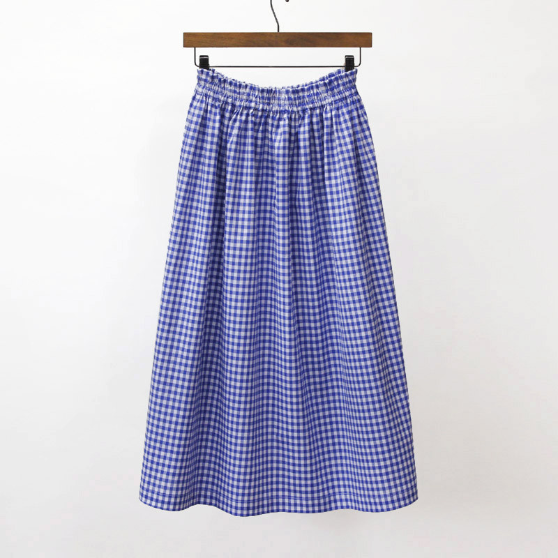 【即納】上品なコーデの主役に、コットンリネン ギンガムチェック（ネイビー）ロングスカート  春の超早割2026