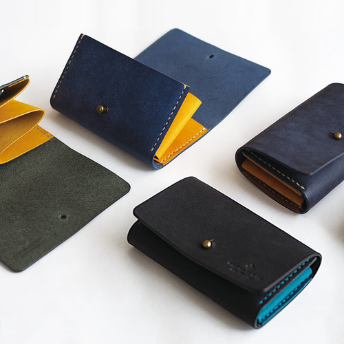 名刺入れ 兼用 カードケース 【ネイビー×イエロー】 革 メンズ