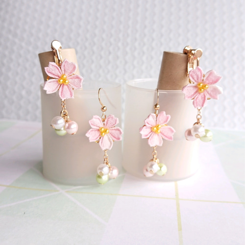 つまみ細工 桜と三色パール ピアス イヤリング ピアス（フック