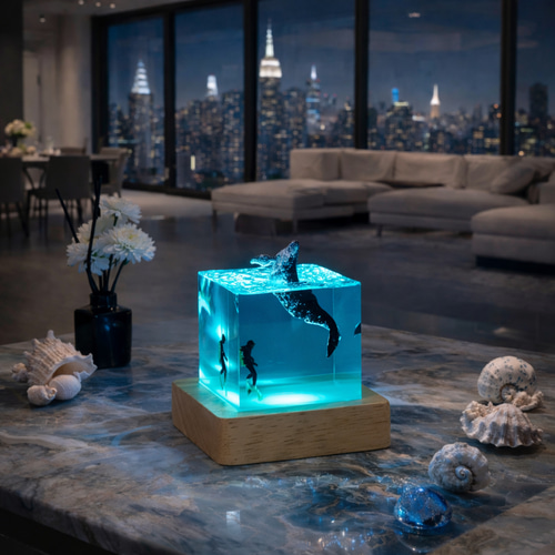 海アート レジンランプ クジラとダイバーの卓上ライト 間接照明 新居